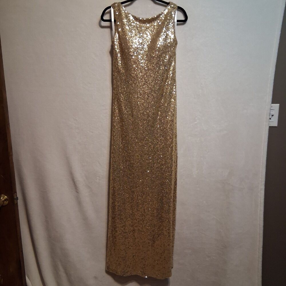 Christina Wu Celebration 8 Gown Dress Gold Sequin Cowl Back Formal Event Wedding